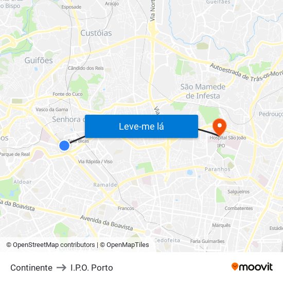 Continente to I.P.O. Porto map