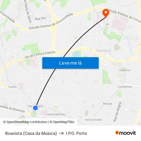 Boavista (Casa da Música) to I.P.O. Porto map