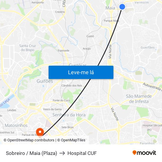 Sobreiro / Maia (Plaza) to Hospital CUF map