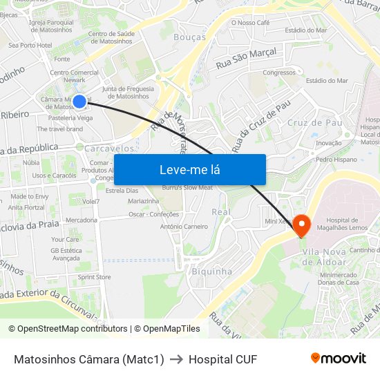 Matosinhos Câmara (Matc1) to Hospital CUF map