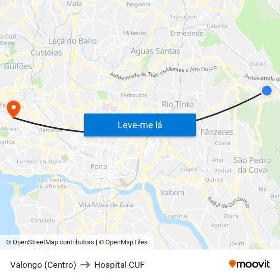 Valongo (Centro) to Hospital CUF map