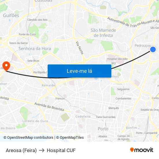 Areosa (Feira) to Hospital CUF map