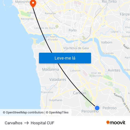 Carvalhos to Hospital CUF map
