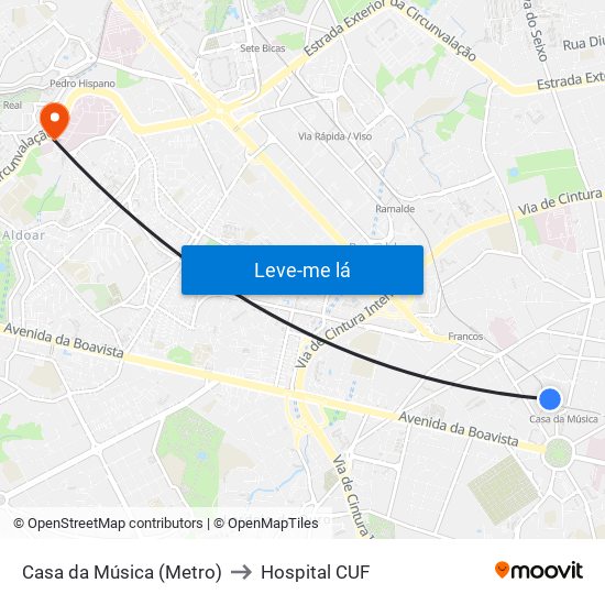 Casa da Música (Metro) to Hospital CUF map