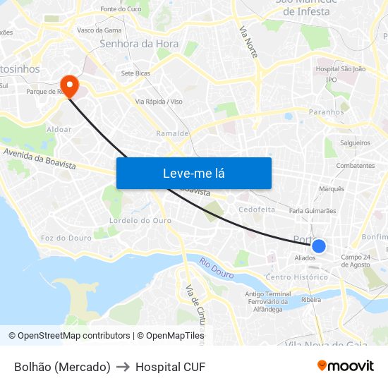 Bolhão (Mercado) to Hospital CUF map