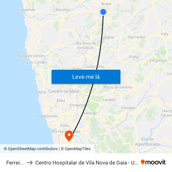 Ferreiros to Centro Hospitalar de Vila Nova de Gaia - Unidade 1 map