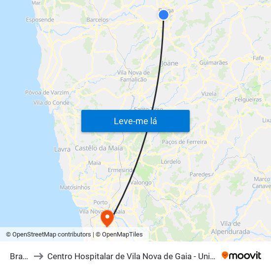 Braga to Centro Hospitalar de Vila Nova de Gaia - Unidade 1 map