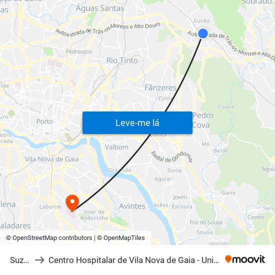 Suzão to Centro Hospitalar de Vila Nova de Gaia - Unidade 1 map