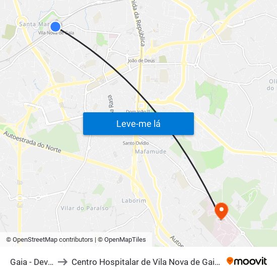 Gaia - Devesas to Centro Hospitalar de Vila Nova de Gaia - Unidade 1 map