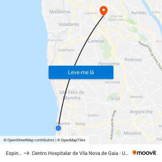Espinho to Centro Hospitalar de Vila Nova de Gaia - Unidade 1 map