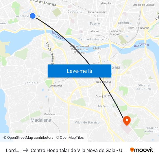Lordelo to Centro Hospitalar de Vila Nova de Gaia - Unidade 1 map