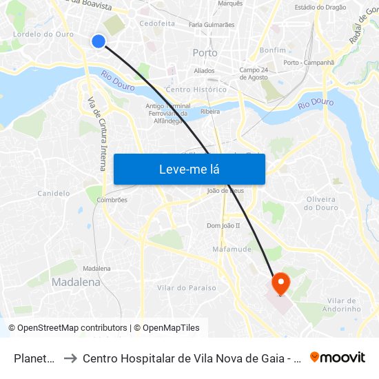 Planetário to Centro Hospitalar de Vila Nova de Gaia - Unidade 1 map