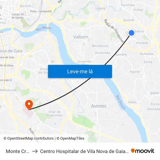 Monte Crasto to Centro Hospitalar de Vila Nova de Gaia - Unidade 1 map