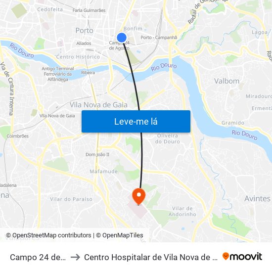 Campo 24 de Agosto to Centro Hospitalar de Vila Nova de Gaia - Unidade 1 map