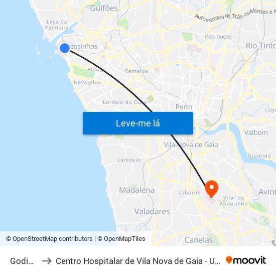 Godinho to Centro Hospitalar de Vila Nova de Gaia - Unidade 1 map