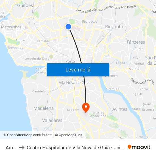 Amial to Centro Hospitalar de Vila Nova de Gaia - Unidade 1 map