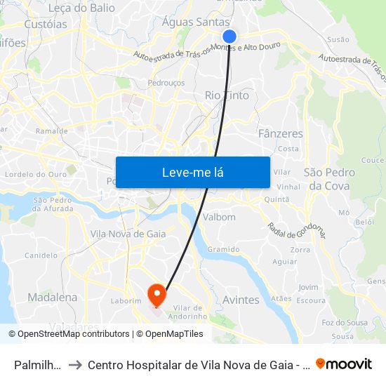 Palmilheira to Centro Hospitalar de Vila Nova de Gaia - Unidade 1 map