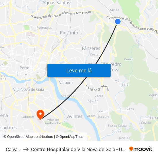 Calvário to Centro Hospitalar de Vila Nova de Gaia - Unidade 1 map