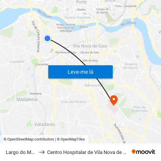 Largo do Montinho to Centro Hospitalar de Vila Nova de Gaia - Unidade 1 map