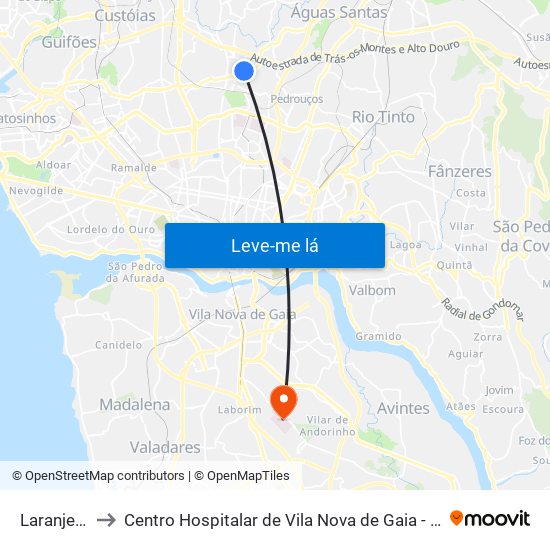 Laranjeiras to Centro Hospitalar de Vila Nova de Gaia - Unidade 1 map