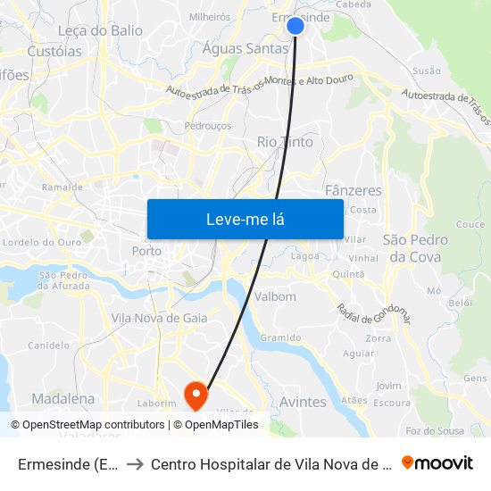 Ermesinde (Estação) to Centro Hospitalar de Vila Nova de Gaia - Unidade 1 map