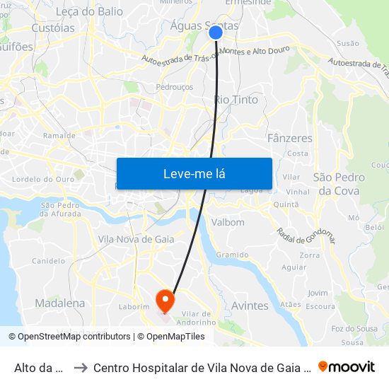 Alto da Maia to Centro Hospitalar de Vila Nova de Gaia - Unidade 1 map