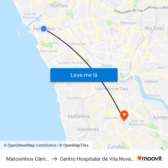 Matosinhos Câmara (Matc1) to Centro Hospitalar de Vila Nova de Gaia - Unidade 1 map