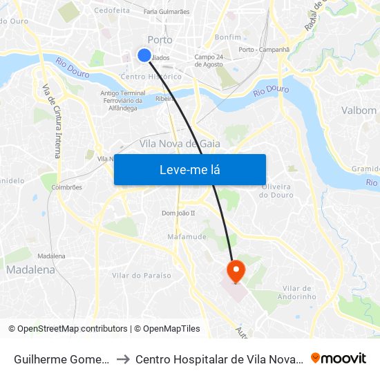 Guilherme Gomes Fernandes to Centro Hospitalar de Vila Nova de Gaia - Unidade 1 map