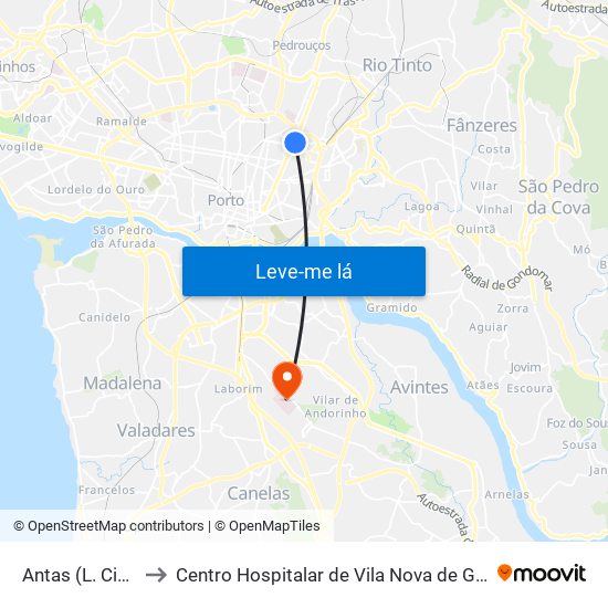 Antas (L. Cidadão) to Centro Hospitalar de Vila Nova de Gaia - Unidade 1 map