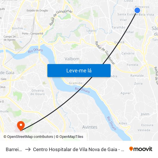 Barreiros to Centro Hospitalar de Vila Nova de Gaia - Unidade 1 map