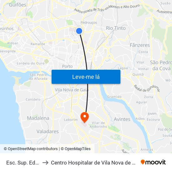 Esc. Sup. Educação to Centro Hospitalar de Vila Nova de Gaia - Unidade 1 map