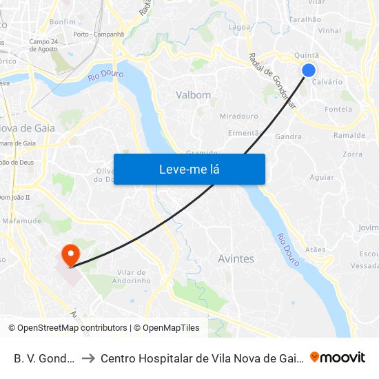 B. V. Gondomar to Centro Hospitalar de Vila Nova de Gaia - Unidade 1 map