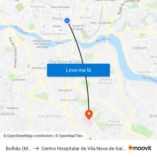 Bolhão (Metro) to Centro Hospitalar de Vila Nova de Gaia - Unidade 1 map