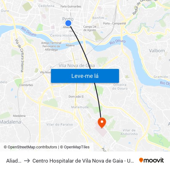Aliados to Centro Hospitalar de Vila Nova de Gaia - Unidade 1 map