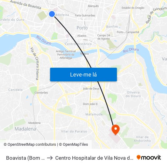 Boavista (Bom Sucesso) to Centro Hospitalar de Vila Nova de Gaia - Unidade 1 map