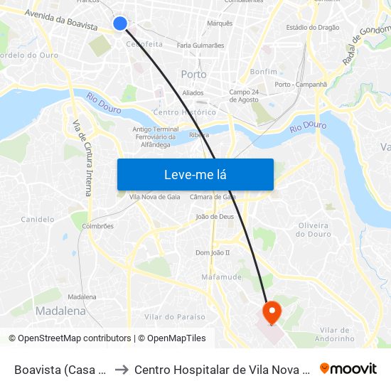 Boavista (Casa da Música) to Centro Hospitalar de Vila Nova de Gaia - Unidade 1 map