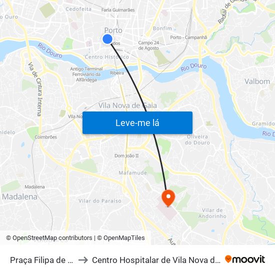 Praça Filipa de Lencastre to Centro Hospitalar de Vila Nova de Gaia - Unidade 1 map
