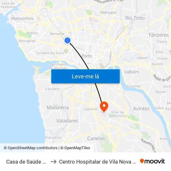 Casa de Saúde da Boavista to Centro Hospitalar de Vila Nova de Gaia - Unidade 1 map