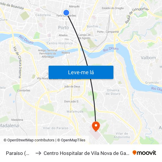 Paraíso (Metro) to Centro Hospitalar de Vila Nova de Gaia - Unidade 1 map
