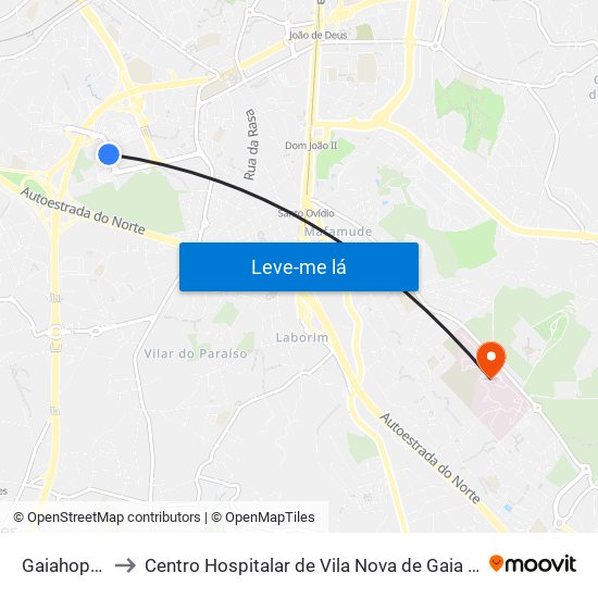 Gaiahopping to Centro Hospitalar de Vila Nova de Gaia - Unidade 1 map