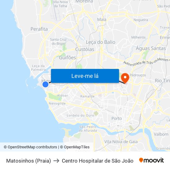 Matosinhos (Praia) to Centro Hospitalar de São João map