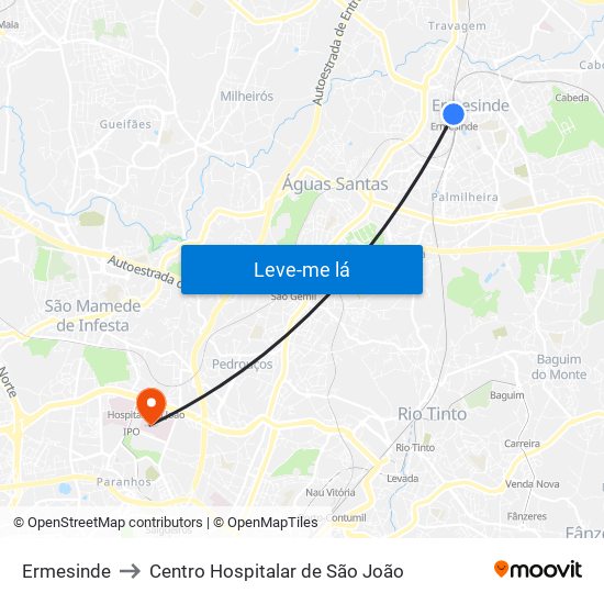 Ermesinde to Centro Hospitalar de São João map