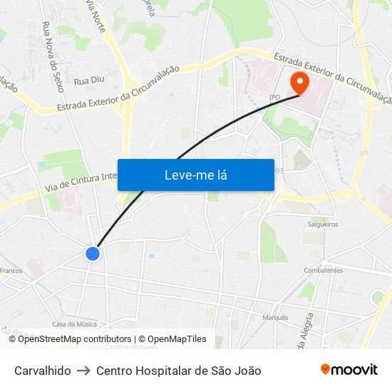 Carvalhido to Centro Hospitalar de São João map