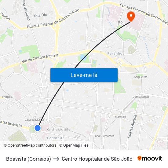 Boavista (Correios) to Centro Hospitalar de São João map
