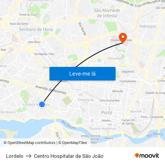 Lordelo to Centro Hospitalar de São João map