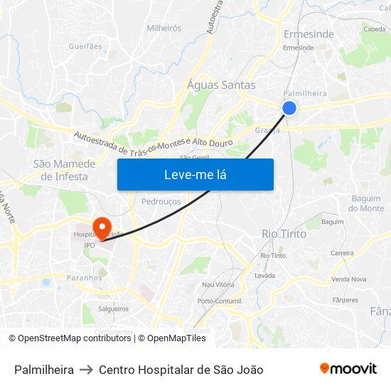 Palmilheira to Centro Hospitalar de São João map