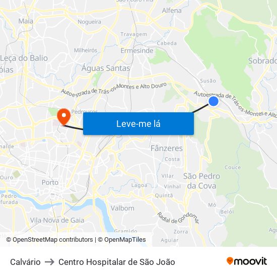Calvário to Centro Hospitalar de São João map