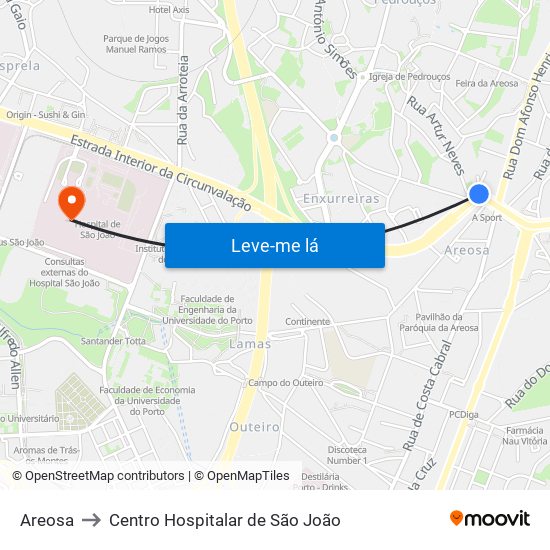 Areosa to Centro Hospitalar de São João map