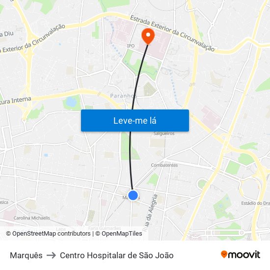 Marquês to Centro Hospitalar de São João map