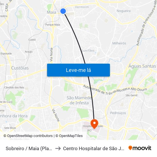 Sobreiro / Maia (Plaza) to Centro Hospitalar de São João map
